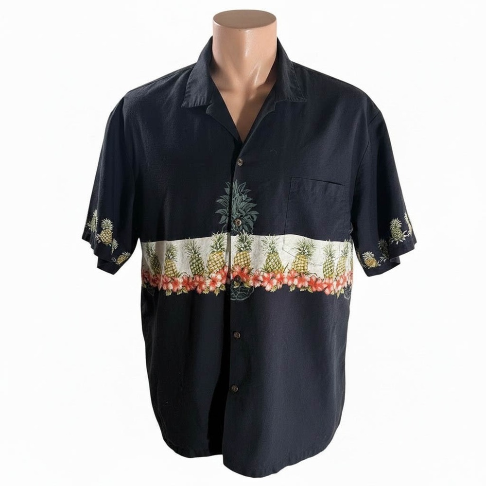 Ky's Hawaiian Aloha Shirt 3XL Black Pineapple Hibiscus Floral Button Up